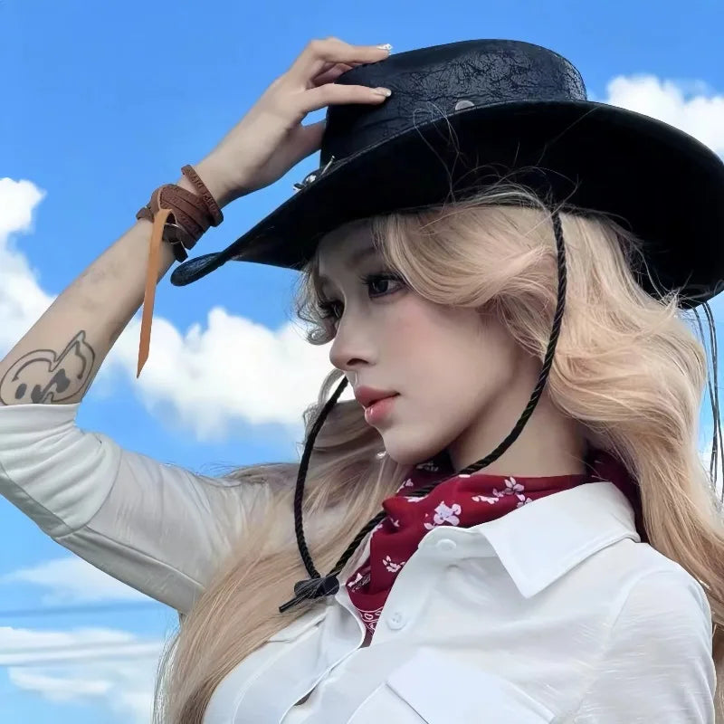 New Western Cowboy Knight Hat Head Retro Outdoor Travel Flat Top Knight Hat Party Hats Cowboy Accessories Men and Women