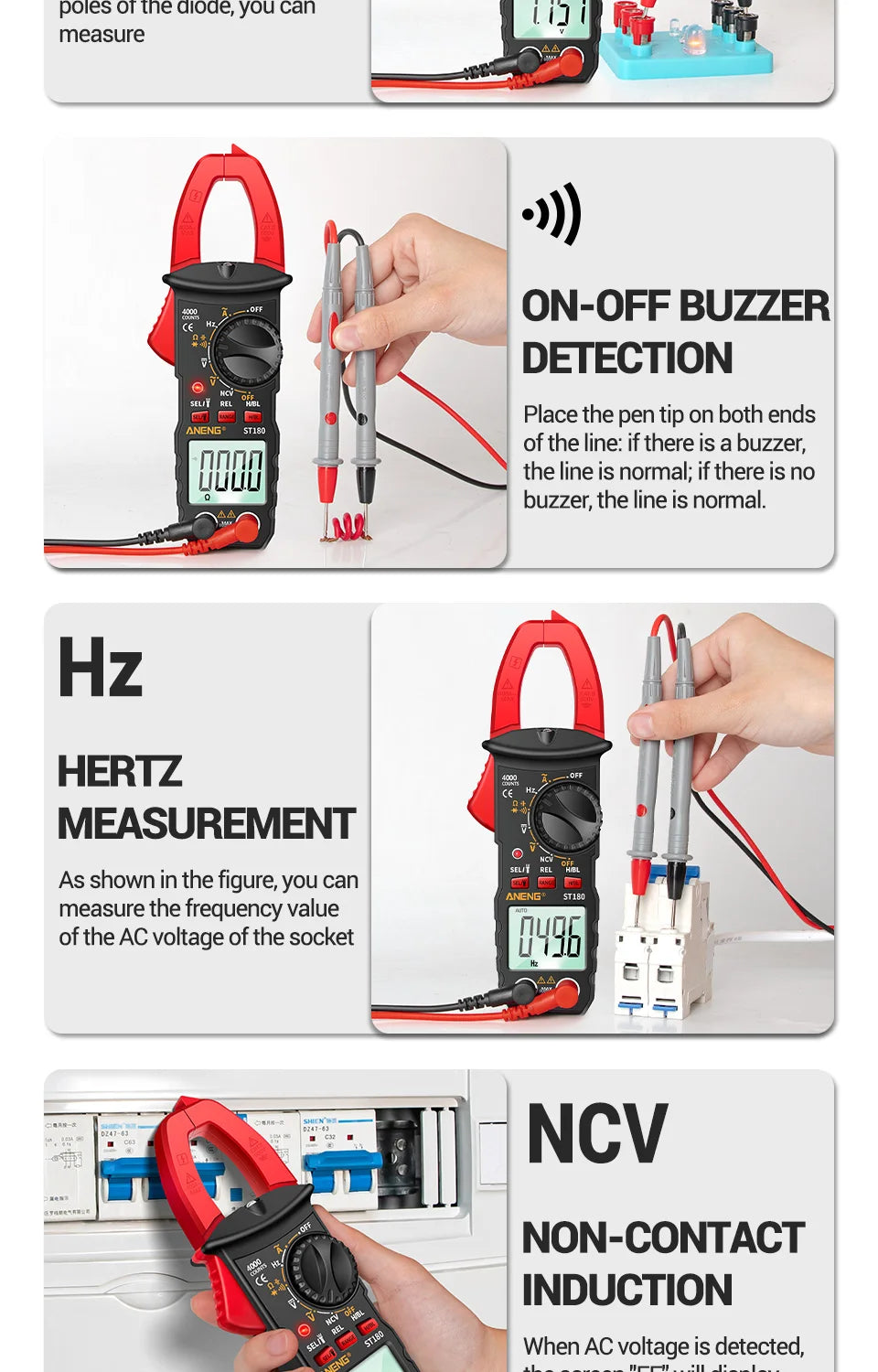 ANENG ST180 AC Current Clamp Meter  Digital 4000 Counts Multimeter Ammeter Voltage Tester Car Amp Hz Capacitance NCV Ohm Tool - Shoppiline