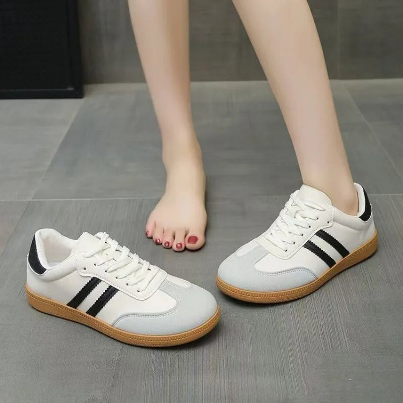 2025 Winter Women's White Platform Sneakers - Breathable Mesh Striped Casual Shoes Comfortable Flat Shoes