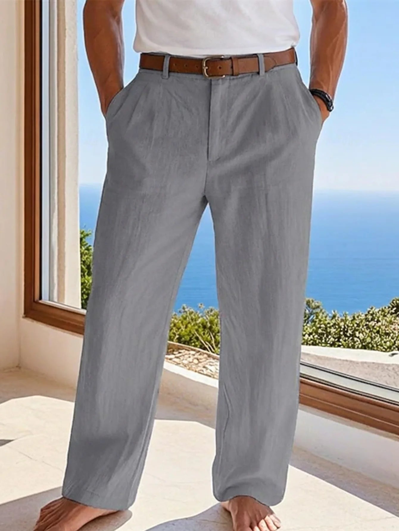 2025 summer men's cotton and linen oversized wide leg pants, men's artistic style elastic waist solid color casual loose pants