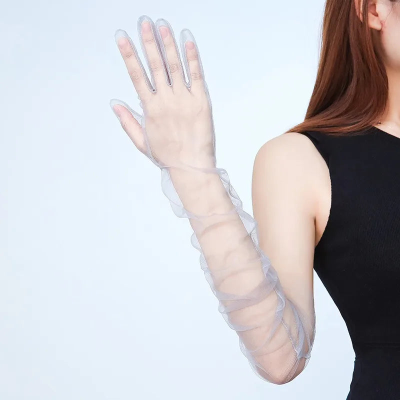 Women Long Sheer Tulle Gloves for Bridal Wedding Accessories Party Transparent Finger Gloves