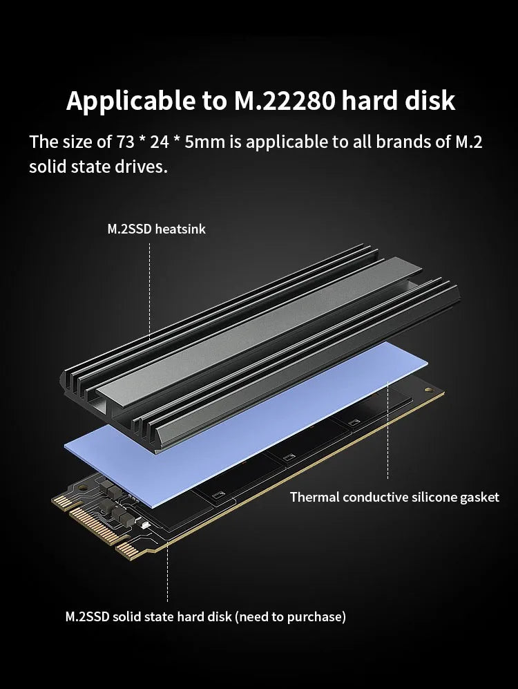 TEUCER M2 2280 Solid State Hard Disk Aluminum Radiator M.2 SSD Heatsink with Thermal Silicone Pad For PS5/PC/Laptop Cooling