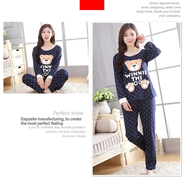 2PCS/Set Women Fashion Long-Sleeved Pajamas Autumn Winter Cartoon Love Bear Cute Soft Loose Casual Omfortable Outside Homewear
