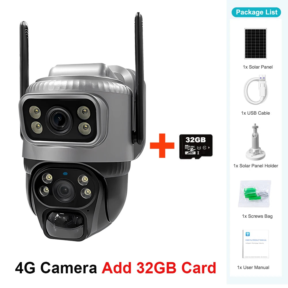 V380 Dual Lens 4G Camera Solar PIR Human Detection Night Vision Waterproof Security Video IP Camara 8MP 4K Battery CCTV Monitor - Shoppiline