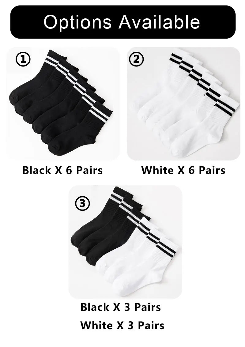 Lot de 6 paires de chaussettes hautes mi-mollet pour femme, noir et blanc pur, avec rayures parallèles, populaires et absorbantes.