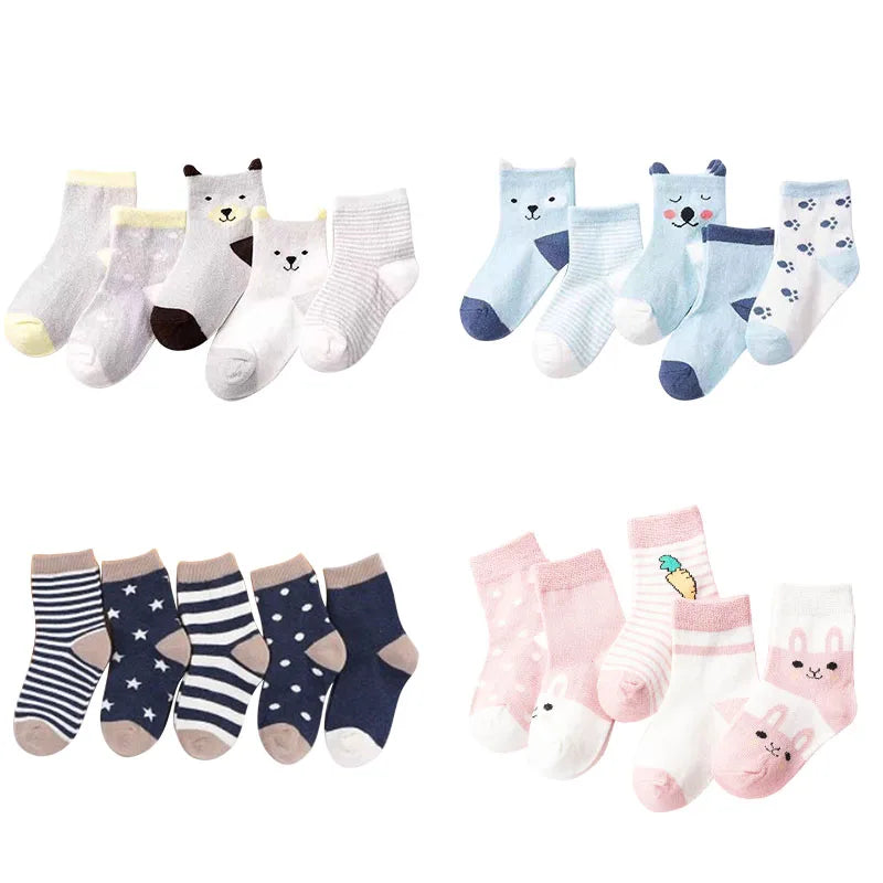 5 Paar Cartoon-Babysocken Frühling Herbst Streifen Punkte Mädchen Jungen Söckchen Weiche Kleinkind Kinder Kurze Socken