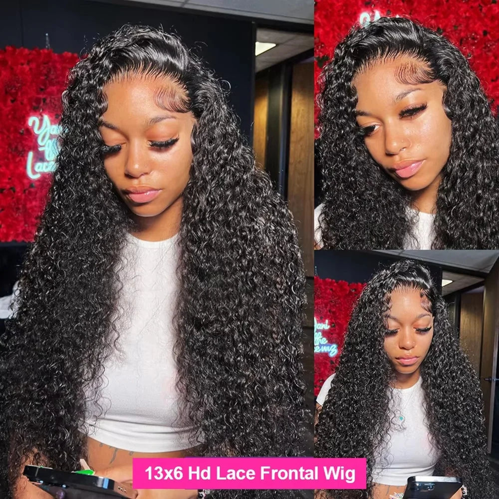 13x6 Glueless 250 Dichte Brasilianische Deep Wave Gelockte HD Lace Frontal Echthaarperücke für Frauen Vorgezupft Beste Haar Wasser Perücke