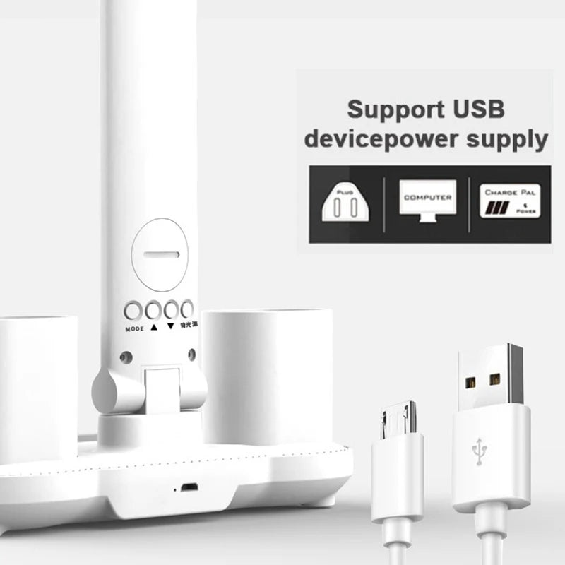 LED Table Lamp Double-Headed USB Chargeable Dimmable Desk Lamp with Calendar Clock Foldable Eye Protection Reading Night Light