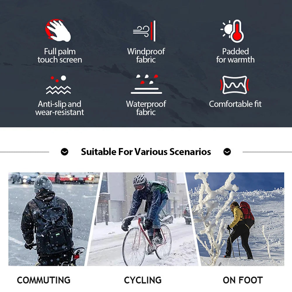 Gants de cyclisme d'hiver imperméables pour homme, sports de plein air, course à pied, moto, ski, écran tactile, polaire, antidérapants, chauds, doigts complets