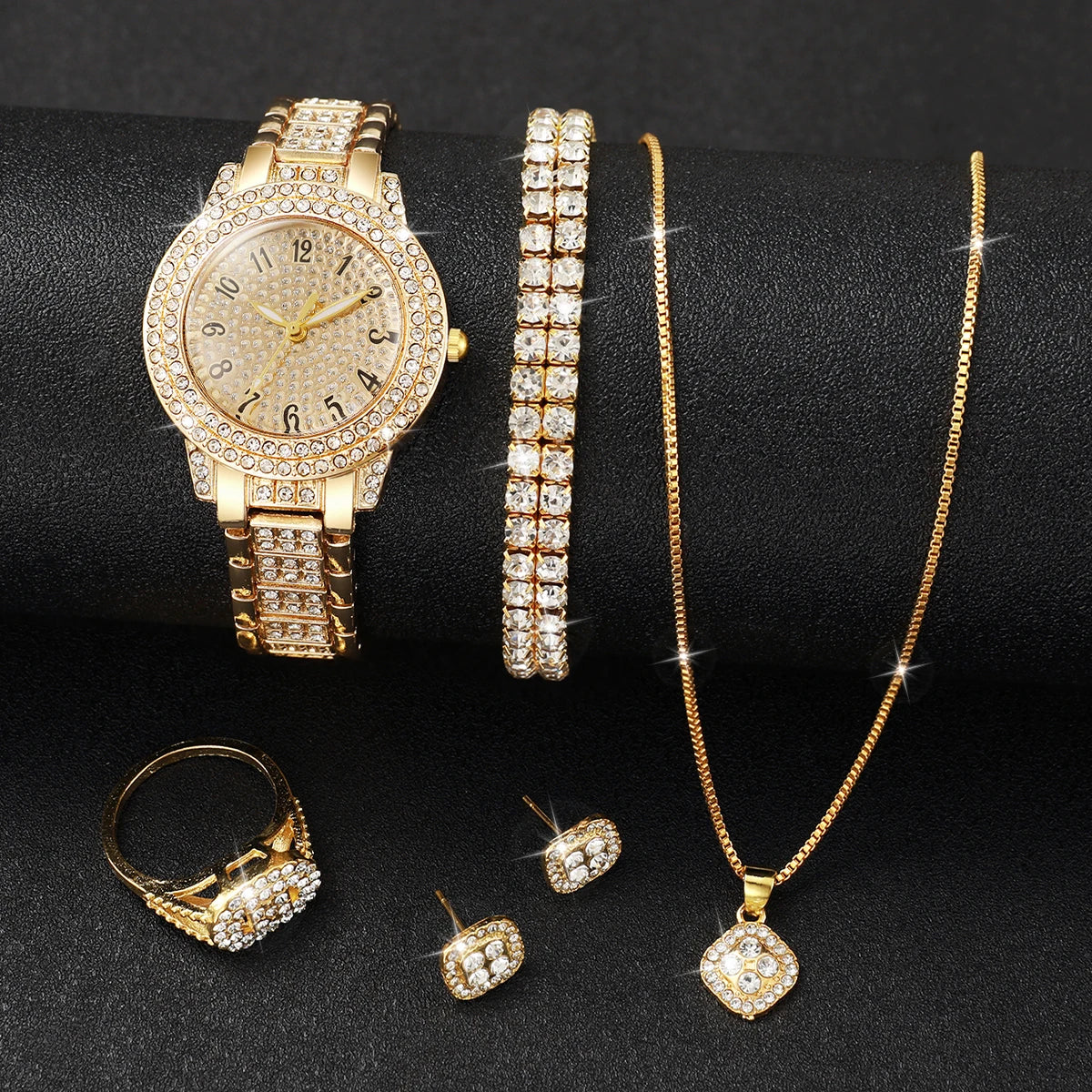 6 STÜCK Mode Volldiamant Damenuhr Gold Stahlarmband Analog Quarz Uhren Schmuckset (ohne Box)
