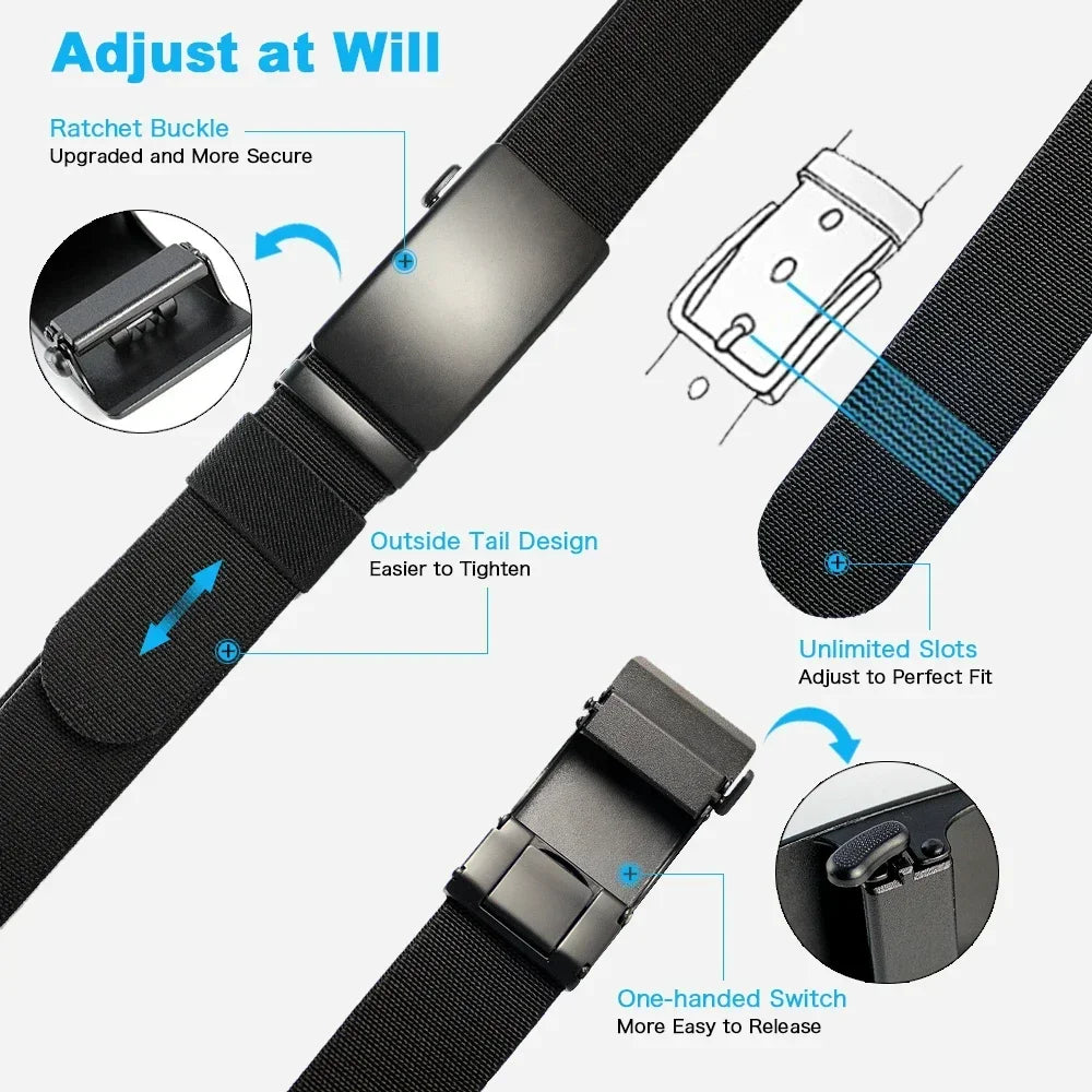 Nouvelle ceinture élastique de sport de golf, ceinture tactique, boucle automatique en métal, ceinture militaire en nylon extensible résistante pour hommes, grandes tailles 115-150CM