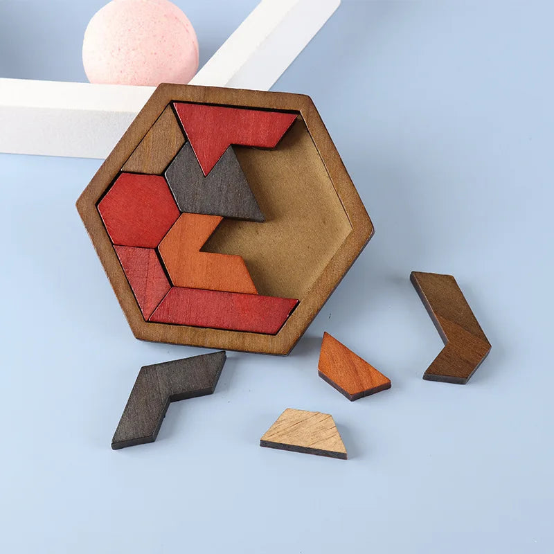 Hexagonal Wooden Puzzle — Adult Brain Teaser Toy, comprising 11 interlocking puzzle pieces, a challenging logic game ideal for t