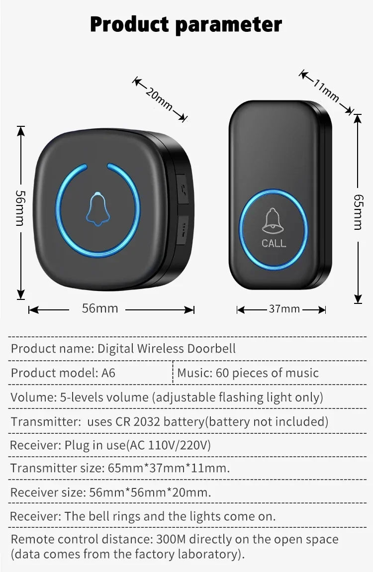 Wireless Doorbell Intelligent Welcome Door Bell 300M/984 FT Remote 60 Songs Melodies Home Smart Doorbell US EU Plug Optional