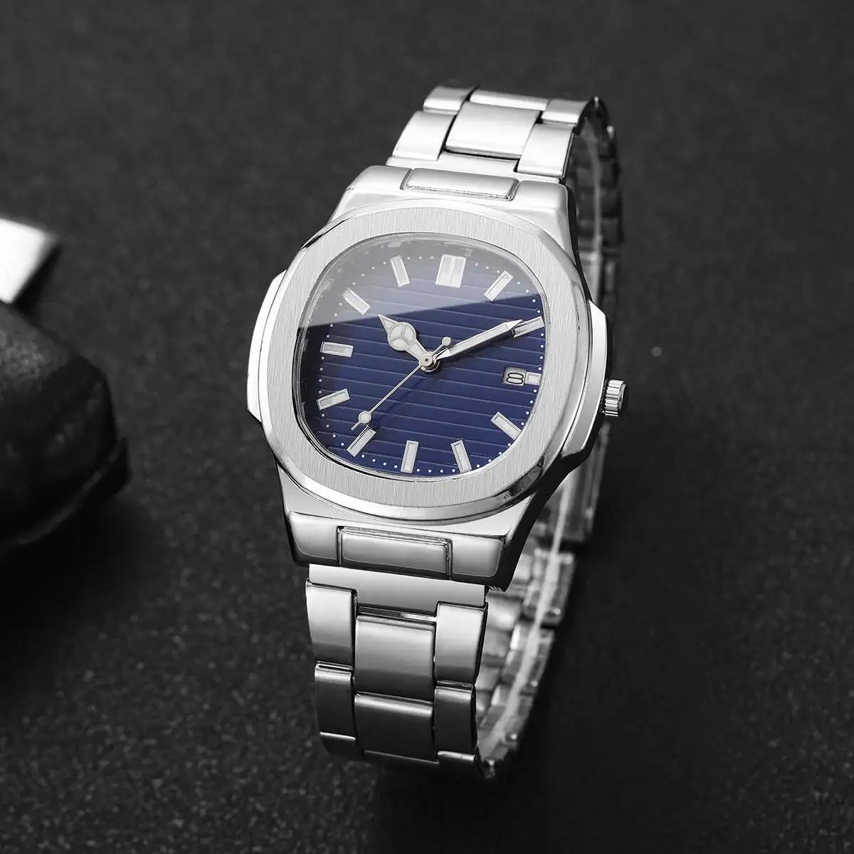Luxus Herren Business Uhren Mode Quadratisches Zifferblatt Edelstahlarmband Quarzuhr mit Kalender für Herrenuhr (Ohne Box)