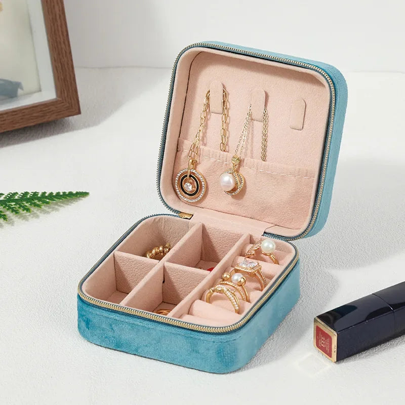Boîte à bijoux en velours pour femmes, organisateur de colliers, bagues, boucles d'oreilles, étui de rangement portable carré à fermeture éclair
