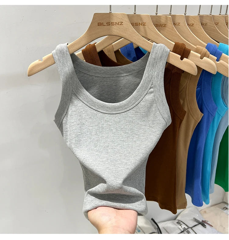 zjaiss Women Solid Round Neck Ribbed Tank Top Camisole Women 2026 Summer Basic Elastic Tank Top O Neck Solid Tank Top