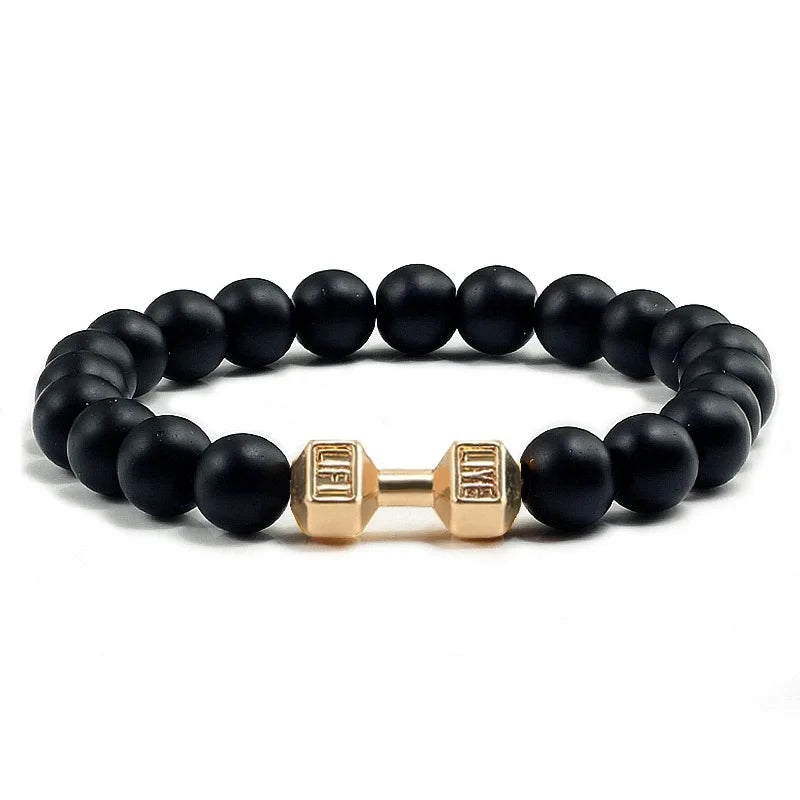 Natural Black Volcanic Lava Stone Dumbbell Bracelet Black Matte Beads Bracelets For Women Men Fitness Barbell Jewelry Pulseras