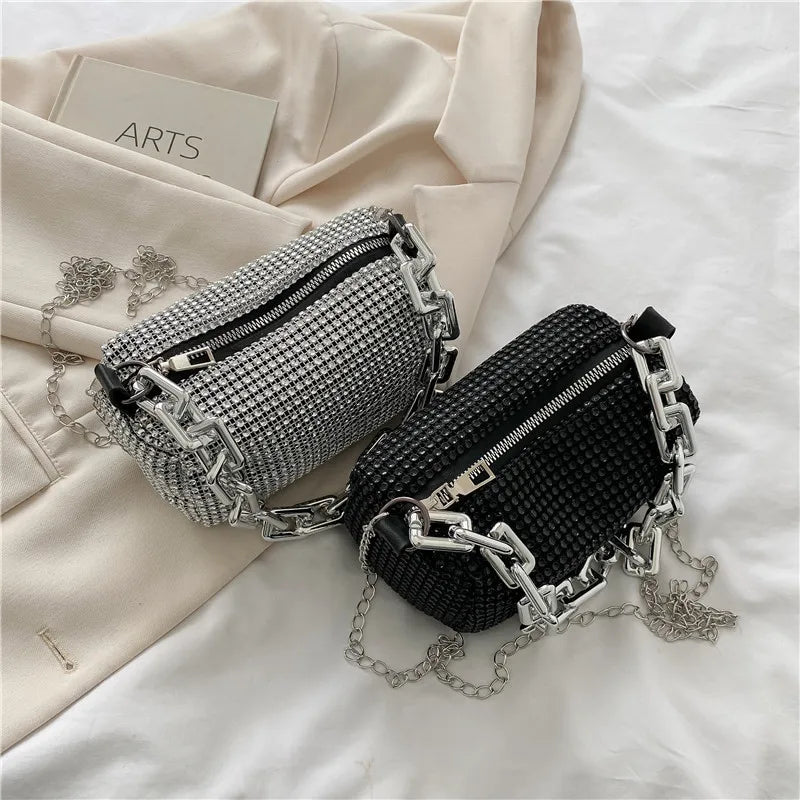 HOMEFISH Allover RhiHOMEFISH nestone Bucket Bag, Glitter Chain Prom Purse, Women's Mini Crossbody Bag