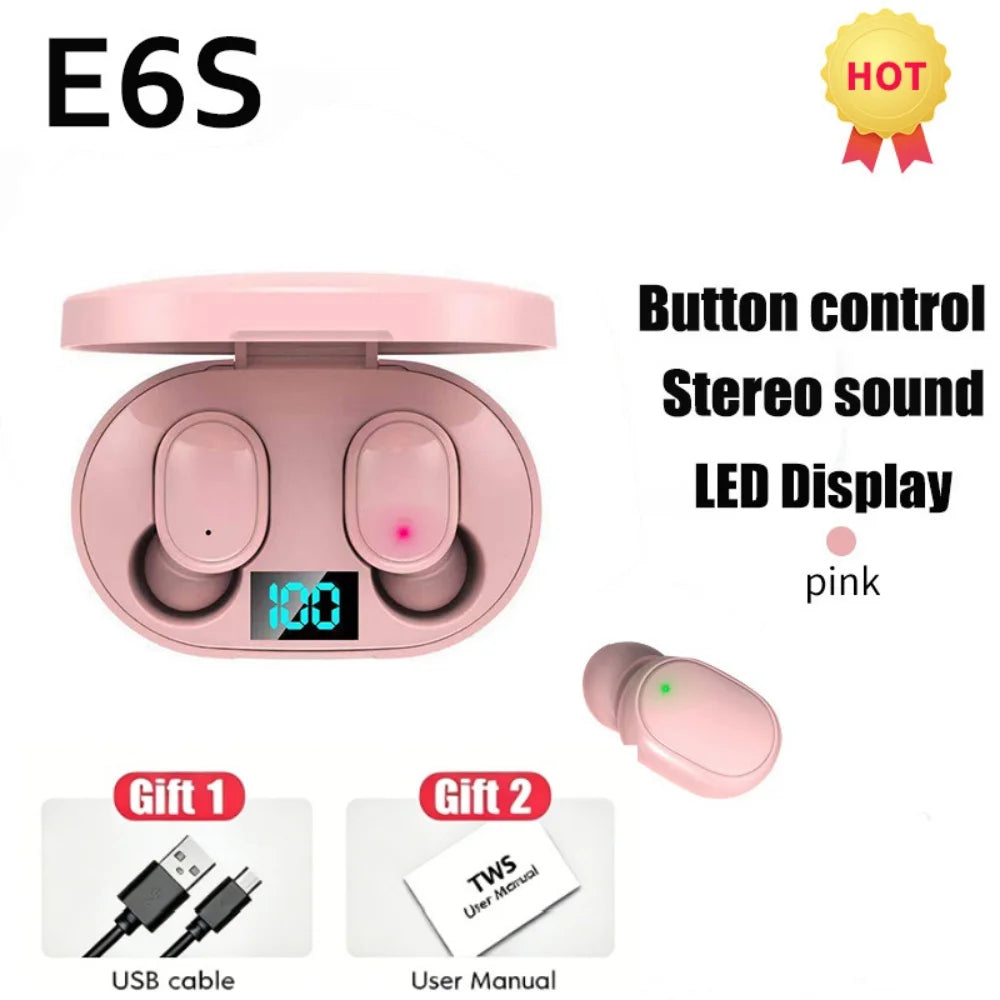 Digital Display Bluetooth Earphones with Mic TWS E6S Wireless Bluetooth Headset Noise Cancelling Headset for Xiaomi Huawei Oppo