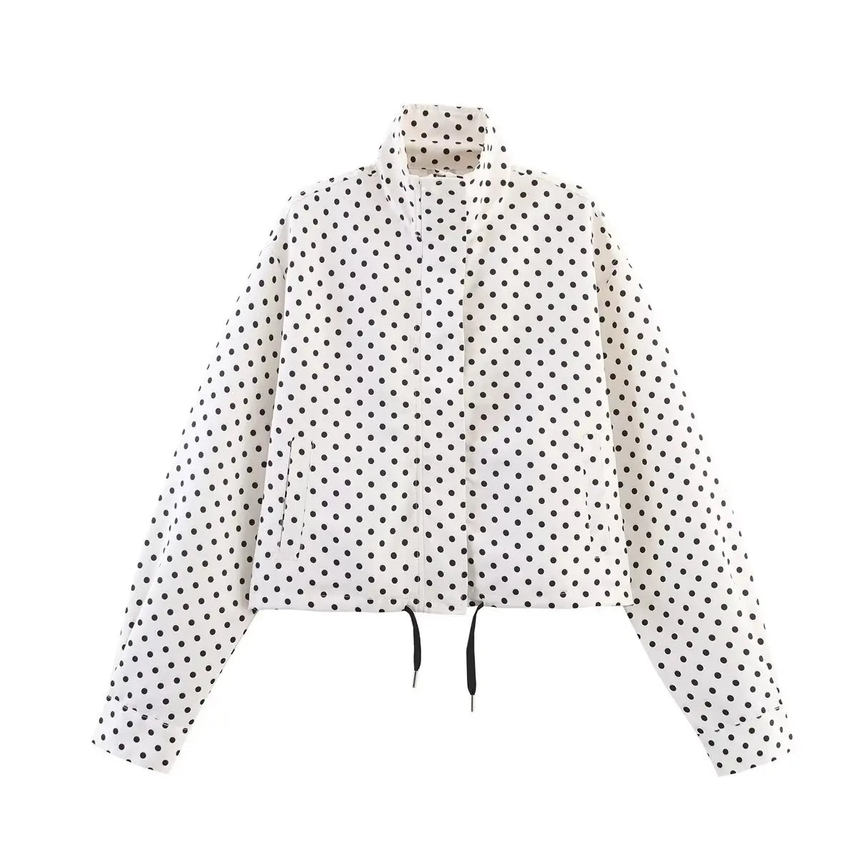 HH Fashion Women's Polka Dot Print Short Coats Autumn Long Sleeves Turtleneck Zipper With Pockets Drawstring Casual Jacket