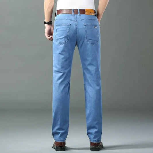 Summer Thin Classic Style Men Brand Jeans Business Casual Stretch Straight Denim Pants Light Blue Black Trousers Male - Shoppiline