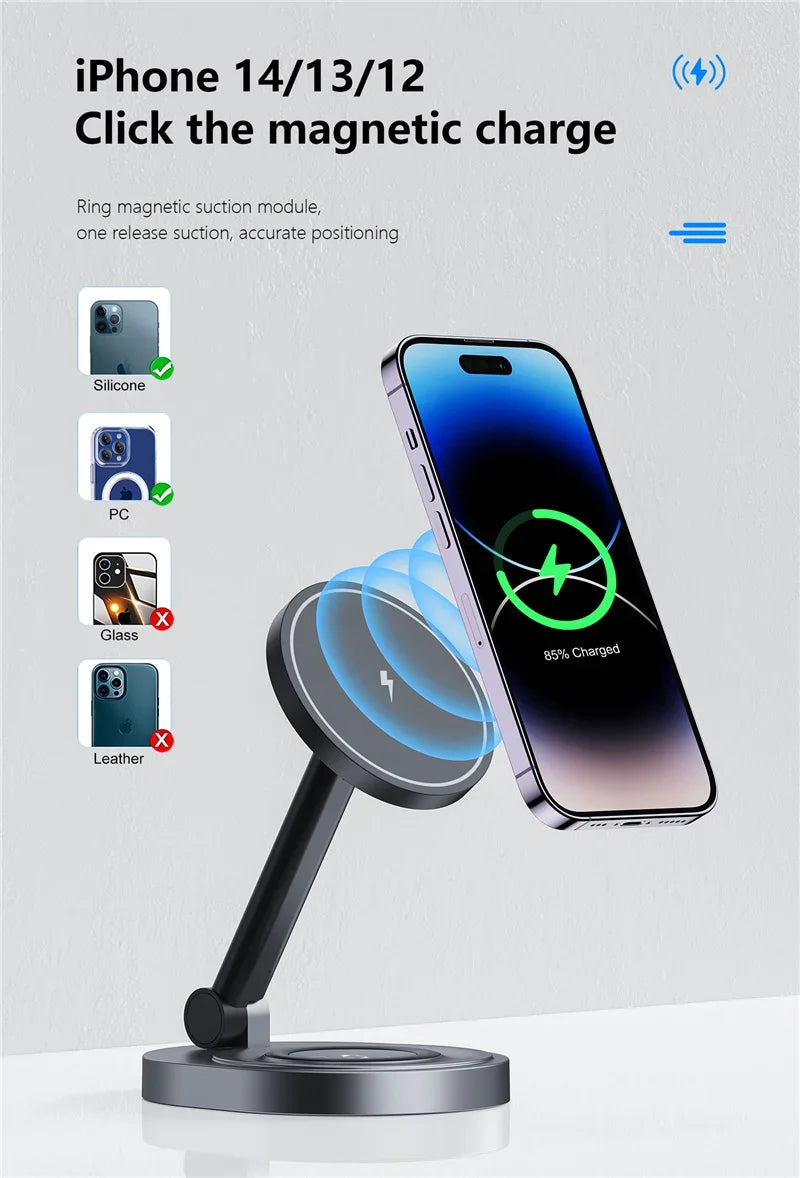 Magnetic 2 In 1 Wireless Charger Stand  Pad Fast Charging Station Dock For iPhone 15 14 13 12 Pro Max Apple Watch 8 7 6 Airpods - Shoppiline