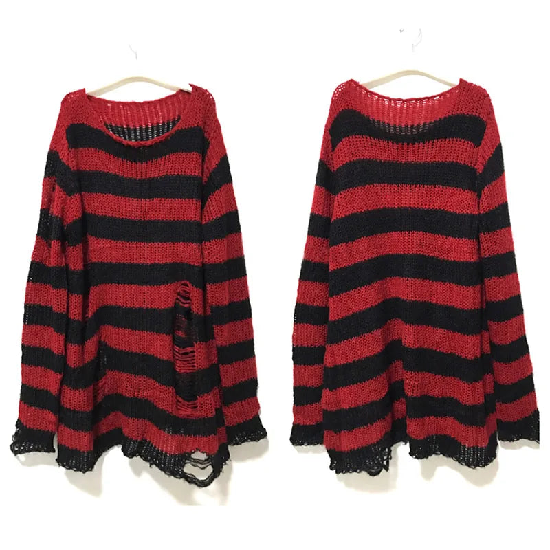Nouveau Pull Long Unisexe Punk Gothique Été Femme Rayé Cool Creux Trou Cassé Pull Ample Rock Fin Sombre Streetwear Top