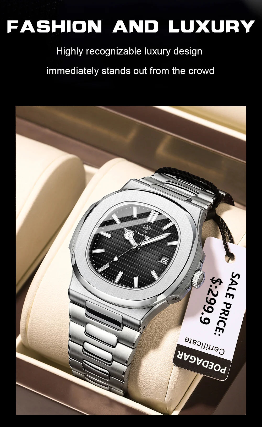 POEDAGAR Top Luxusmarke Herrenuhr Sport Wasserdicht Leuchtend Datum Herrenarmbanduhr Quadratisches Zifferblatt Quarz Herrenuhren Hohe Qualität