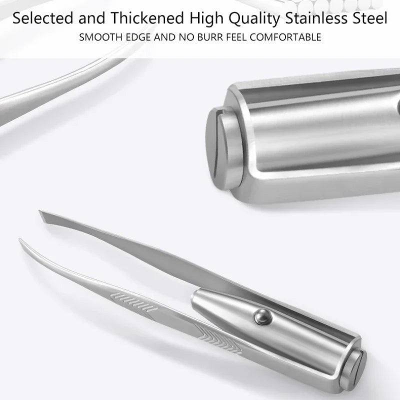 Portable Stainless Steel Led Make Up LED Light Eyelash Eyebrow Clip Tweezer Set Smart Design Hair Remove Tweezer Makeup Tool