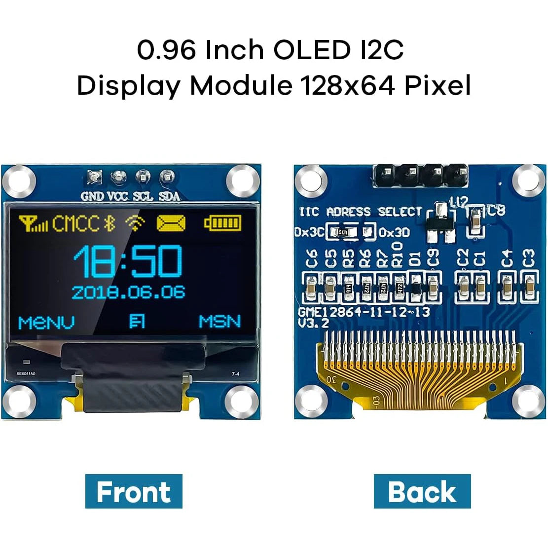 0.96 Inch OLED Display Module, 128x64 Pixel I2C SSD1306 Luminous OLED Screen Board Compatible with Arduino Raspberry Pi ESP32