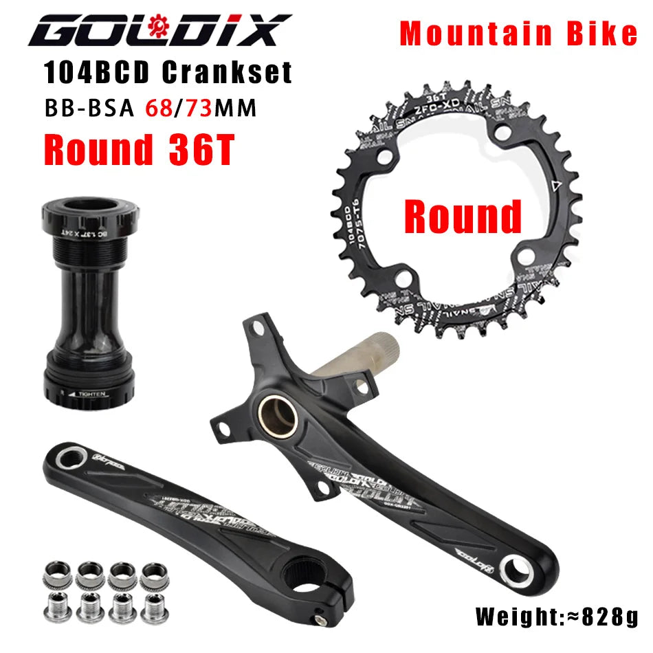 GOLDIX Bicycle Crank Chainring 104BCD MTB Bike Crank Aluminum Alloy with Bottom 170mm Crank Black 32T 34T 36T 38T Plate