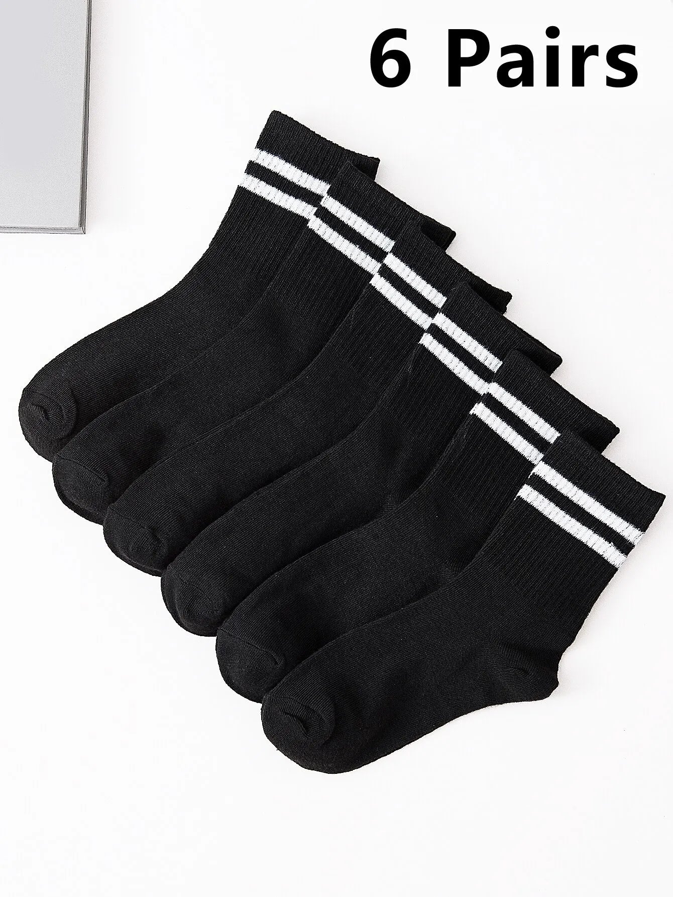 Lot de 6 paires de chaussettes hautes mi-mollet pour femme, noir et blanc pur, avec rayures parallèles, populaires et absorbantes.