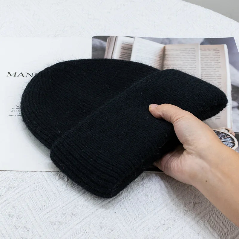 Bonnets d'hiver pour femmes en fourrure de lapin tricotés, bonnets épais à revers, bonnets amples et doux pour le ski.
