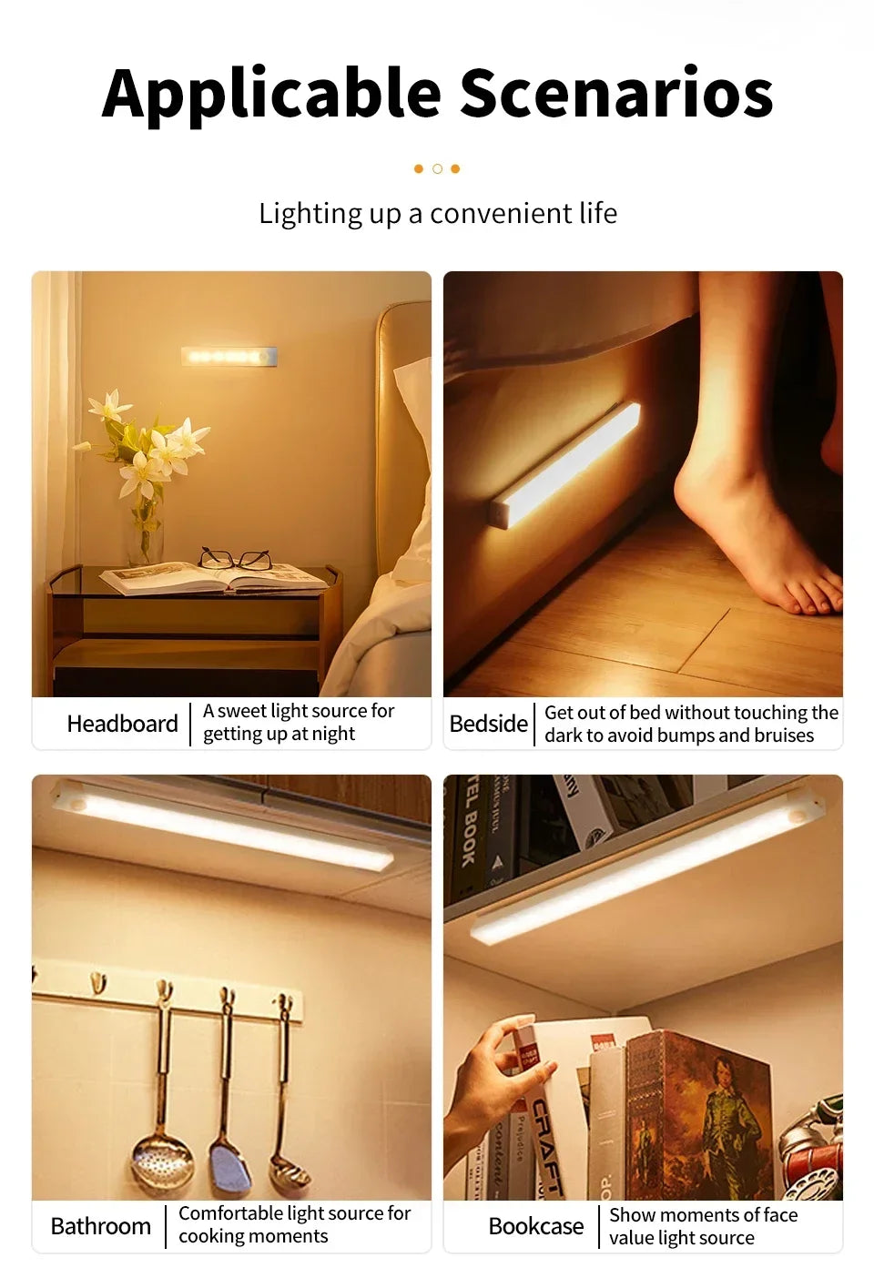 LED Motion Sensor Light Wireless Night Light Rechargeable Long Strip Bar Lamp for Kitchen Cabinet Wardrobe Bedside Staircase