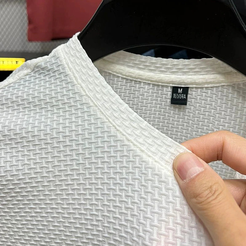 Men's Short Sleeve Mesh Bamboo Ice Silk T-shirt Casual Versatile Summer Elastic Slimming Top for Men