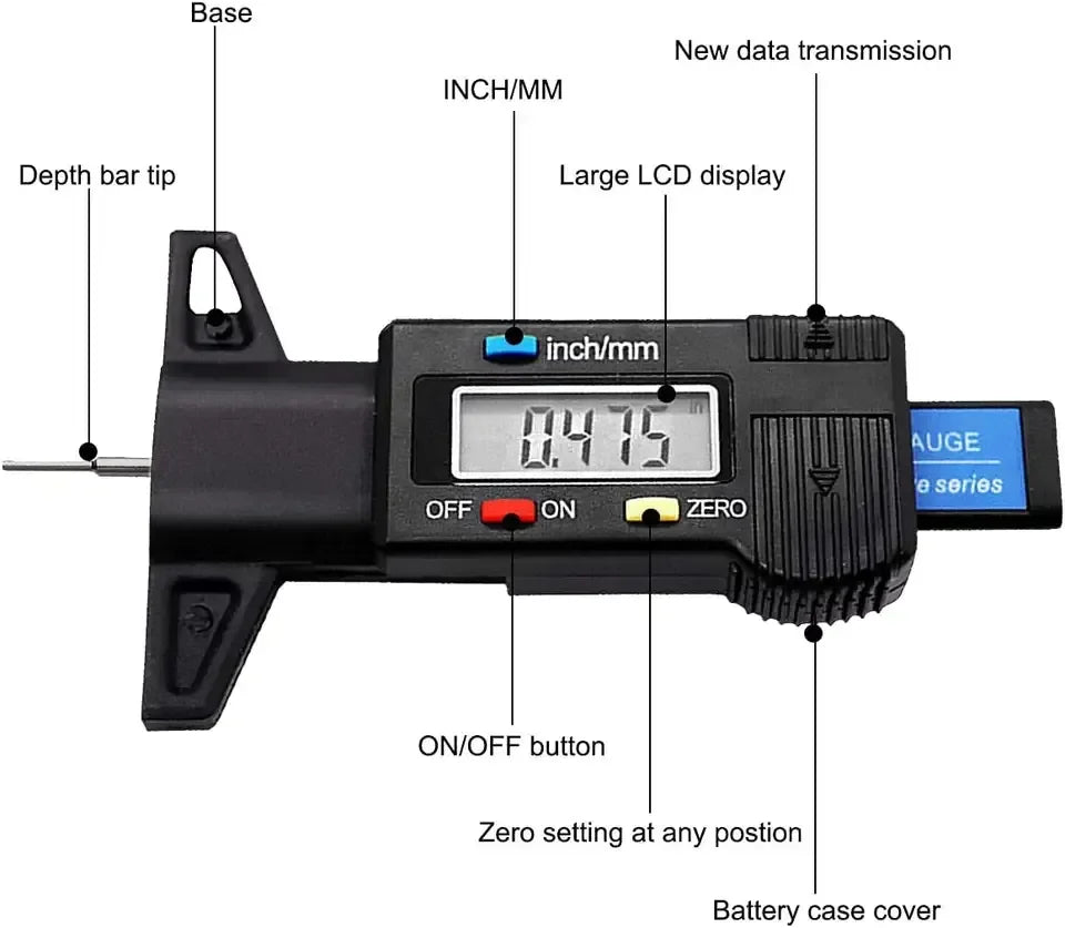 Jauge de profondeur numérique 1 pièce Pied à coulisse Jauge de profondeur de bande de roulement LCD Jauge de bande de roulement de pneu pour pneu de voiture 0-25 mm Outil de mesure Pied à coulisse Outils de réparation