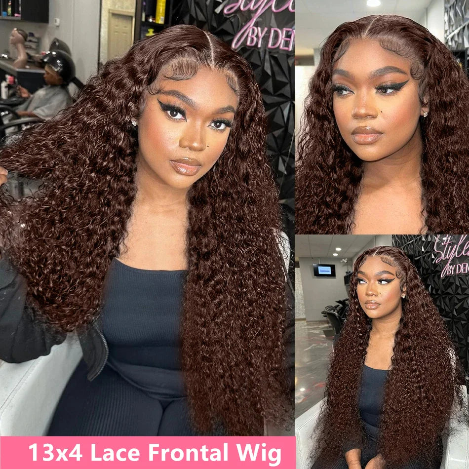 Schokobraune Deep Wave 13x6 Lace Front Perücke Echthaar Wasserwelle 250% Dichte Lockige Perücke Echthaar Braune Perücken Vorgezupft