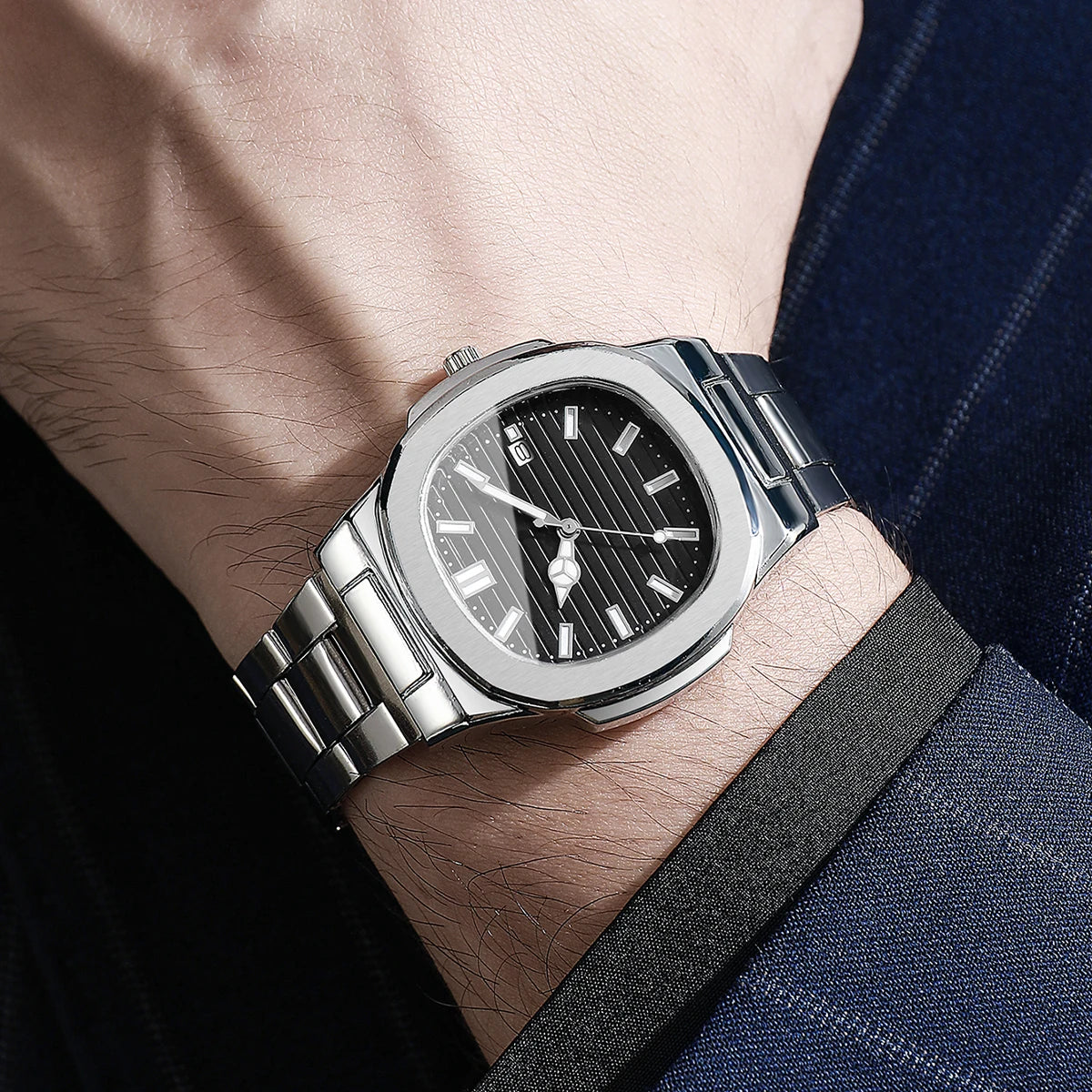 Herrenmode Armbanduhren, Business-Quarzuhr mit quadratischem Zifferblatt, Edelstahlarmband und Kalender für Herren (ohne Box)