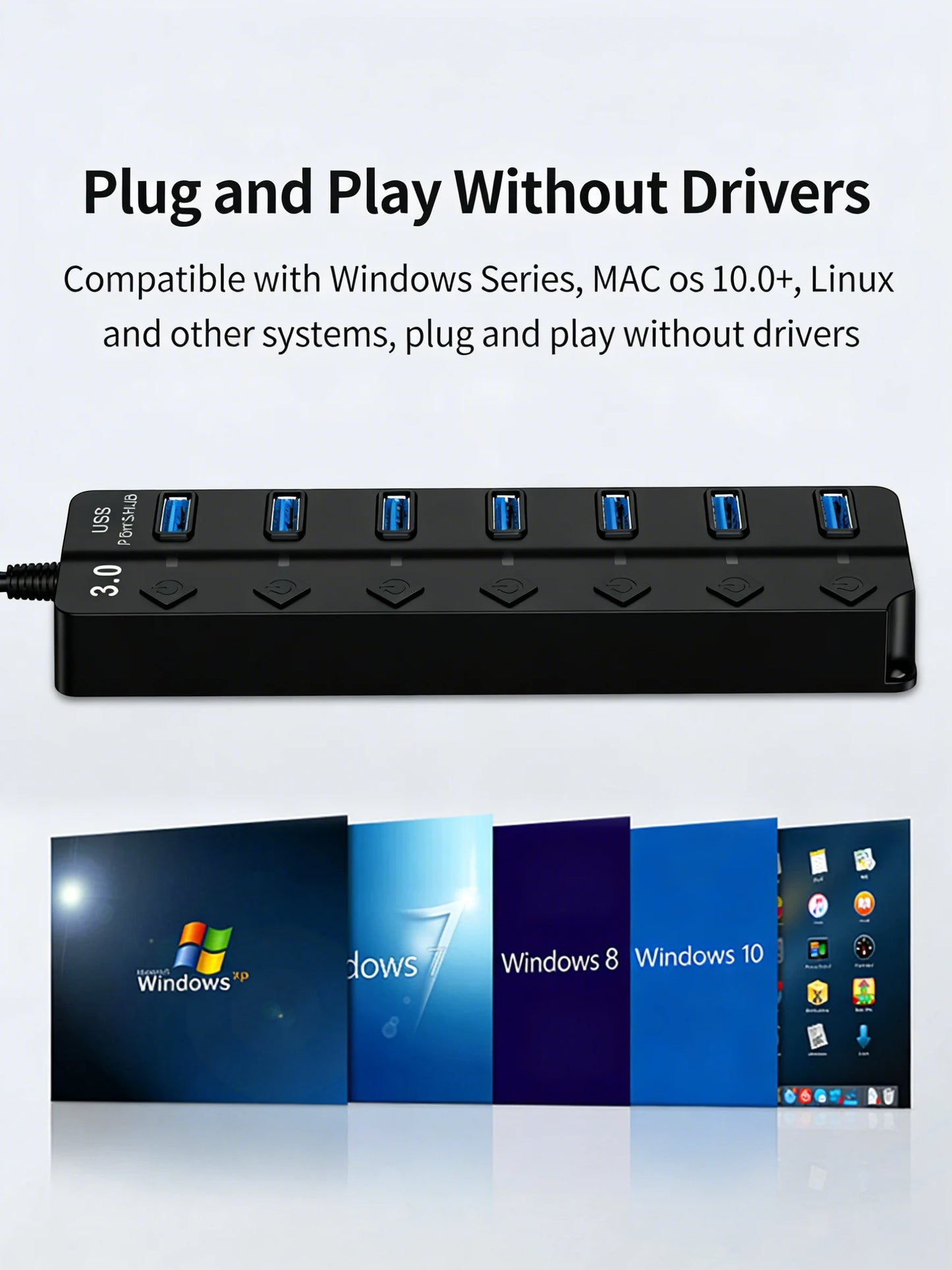 USB 3.0 Hub 4/7 Port with LED Indicator Independent Switch Control for Laptop Flash Drive Hard Disk Printer Camera Keyboard