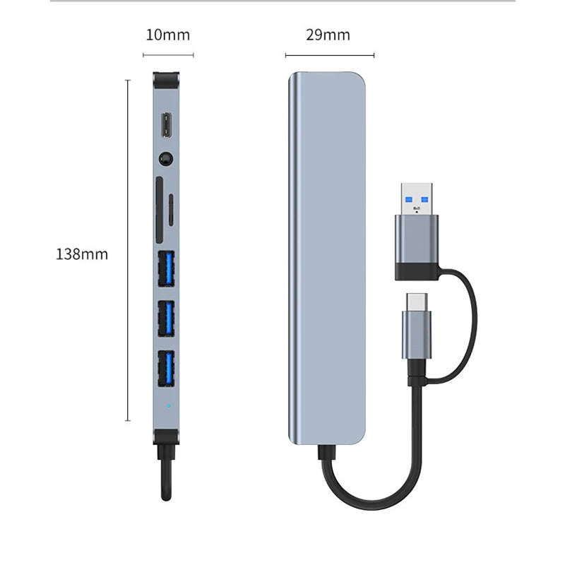 8-in-2 USB-C-Hub-Dockingstation mit 3,5-mm-Audiobuchse, Micro-SD-Kartenleser, Laptop-, Tablet-, Telefon- und Festplattenkonverter
