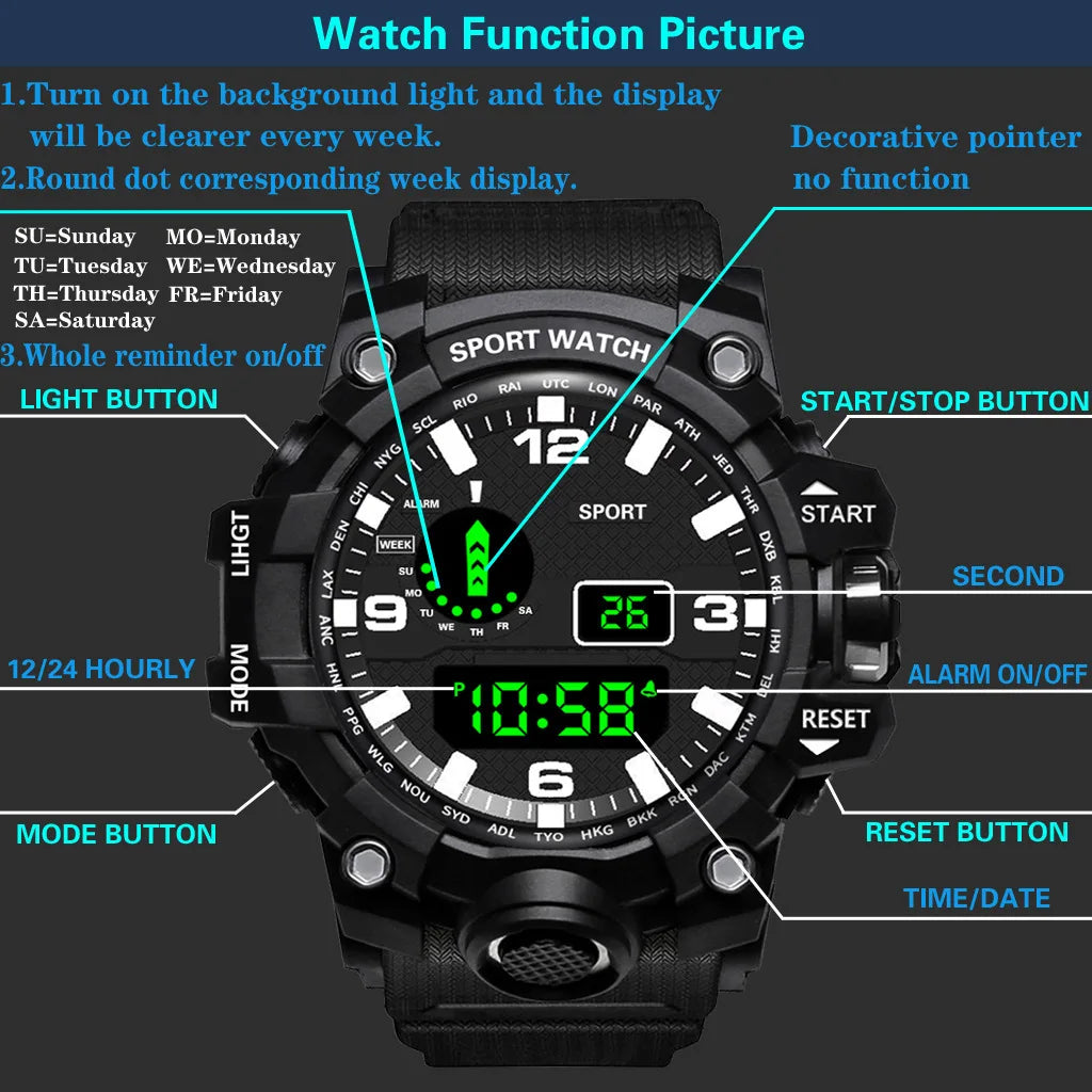 Mode Herrenuhr Sportliche elektronische Armbanduhr Großes Zifferblatt Multifunktional Wasserdicht Leuchtend Alarm Kinder Militäruhr für Herren