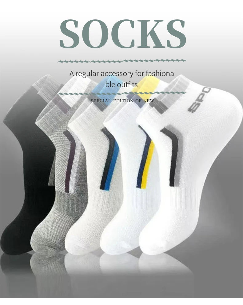 5pairs Men's Fashion Sports Socks, Striped Cotton Sweat Absorption Breathable Comfortable Ankle Socks