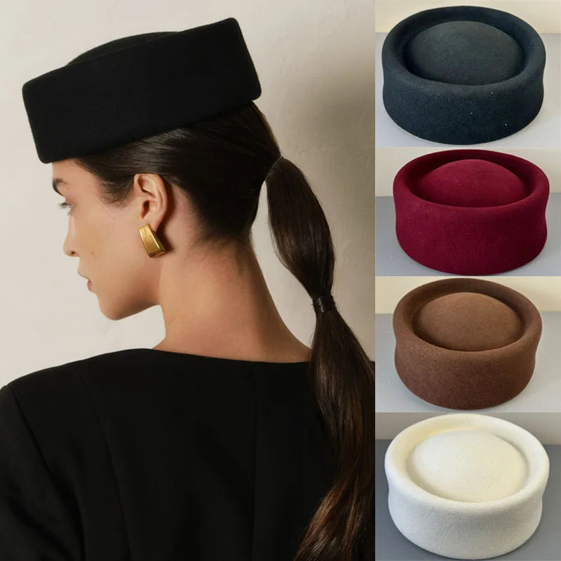 Vintage Hard Top Flat Fedoras Hats Women 100% Wool Felt Berets Hat Wedding Fascinator Caps Wedding Cocktail Party Pillbox Hat