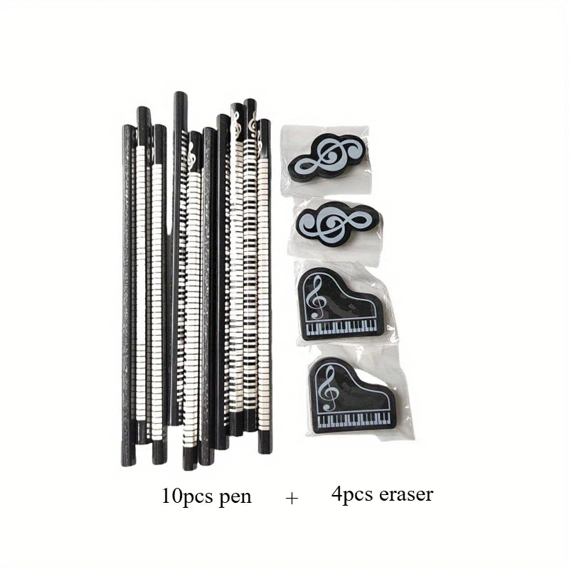10Pcs Piano Music Note Pencil + 4pcs Pencil Eraser Stationery HB Wooden Painting Sketch Pen Exquisite Gift