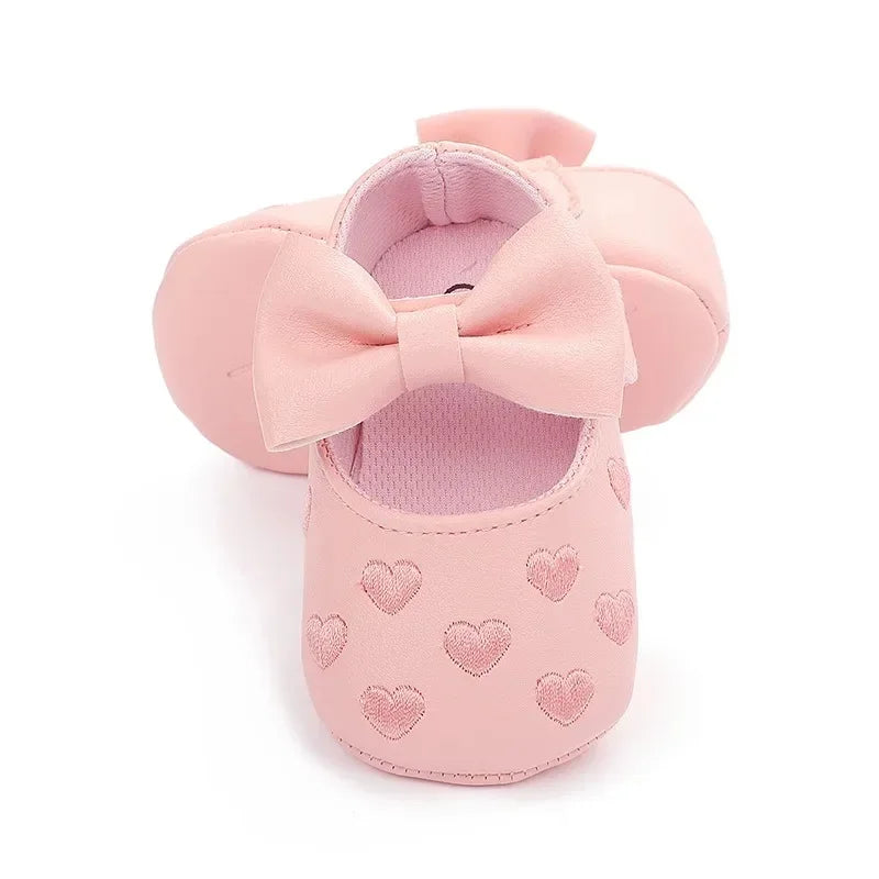 Baby-Mädchen Lauflernschuhe für drinnen 0-18 Monate, weiche Baumwollsohle, rutschfest, mit Schleifenstickerei, Klettverschluss-Schühchen