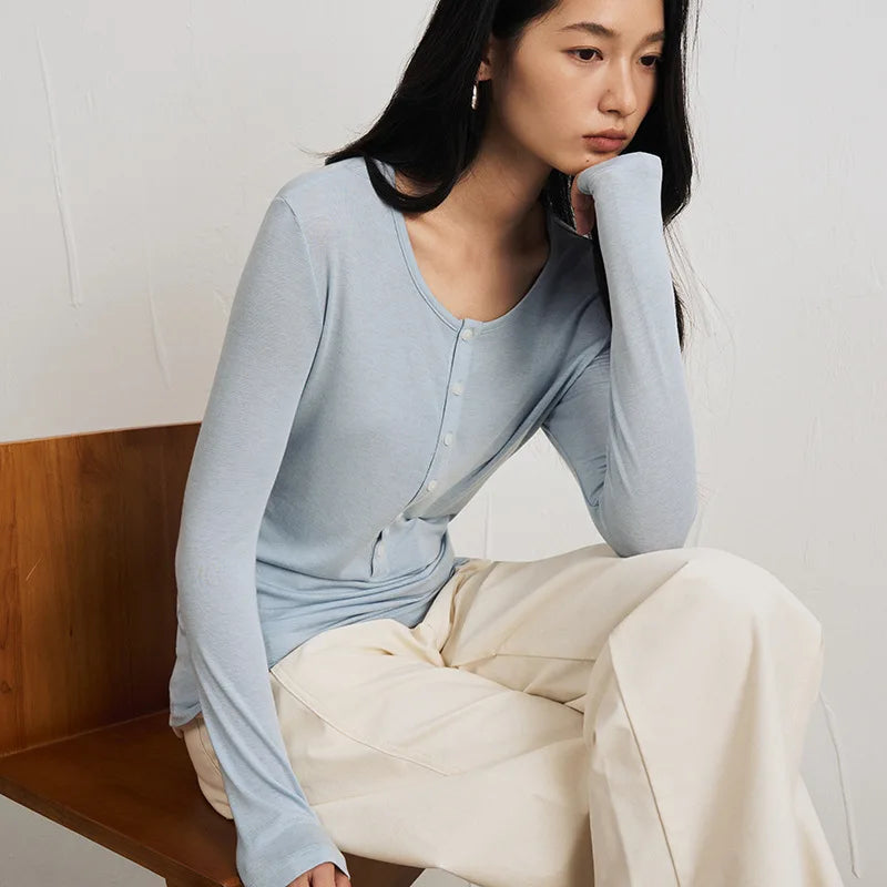 Silk Wool Basic Shirt For Women Autumn Winter Round Button Neck Slim Knitwear, Solid Color Striped Long Sleeve Top
