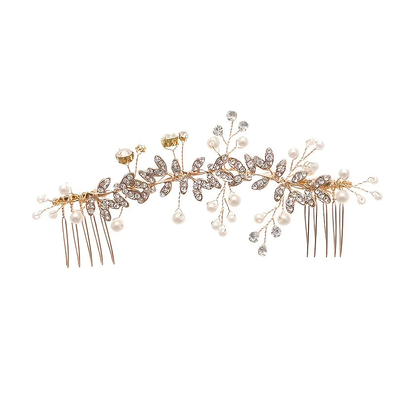 Crystal Pearl Hair Comb Clip Pin Rhinestone Leaf Hair Comb Headband Tiara For Women Bride Wedding Hair Accessories Jewelry Comb