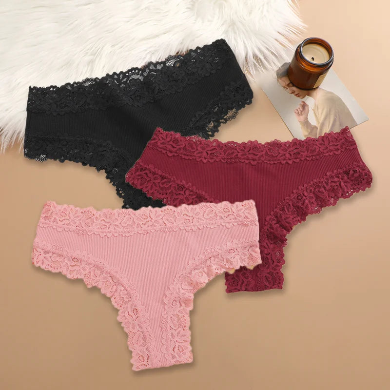 3Pcs/set Women Cotton Panties Floral Lace Intimate Underwear Trendy Patchwork Lace Briefs Female Soft Underpants Lingerie S-XL