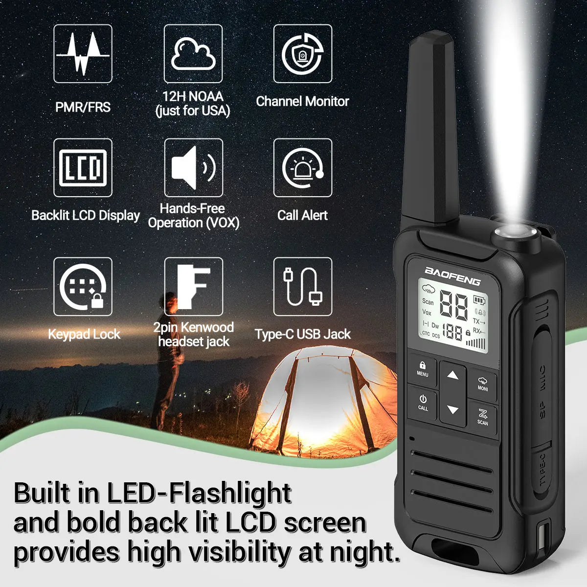 2pcs Baofeng F22 Mini Walkie Talkie PMR Long Range Rechargable Portable Kids Two Way Radio Type-C Charger for Camping Trip - Shoppiline