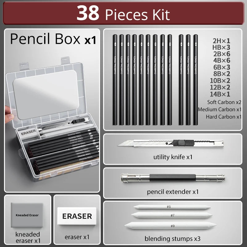 27/38/47pcs Drawing Pencils Sketch Box Set Sketching Kit Pro Art Sketch Supplies Charcoals Kneaded Eraser Extender Pencil Case